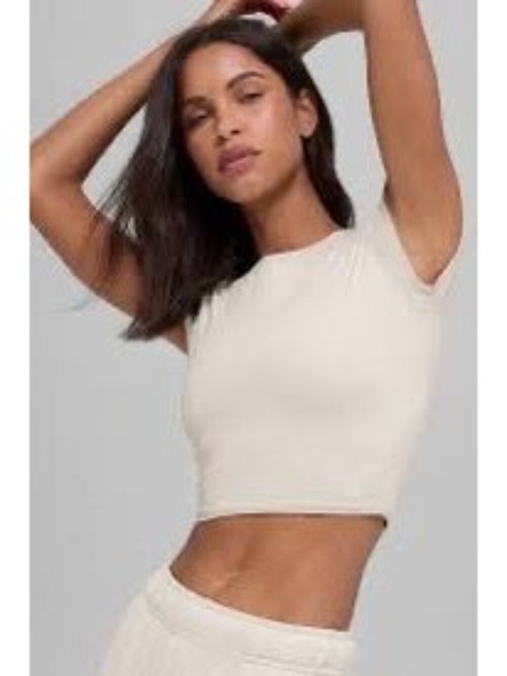 Alo EUC Yoga Alosoft Crop Finesse Short Sleeve Top Bone in Medium